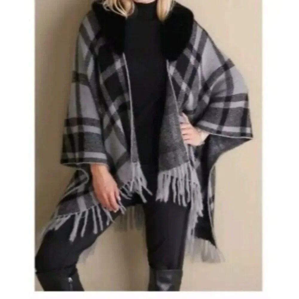 Soft Surroundings Black and Gray Plaid Faux Fur Trim Poncho
